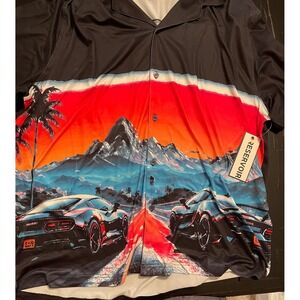 RESERVOIR Mens M Athletic Double Brushed Shirt Cool Blue Red Cars Palms